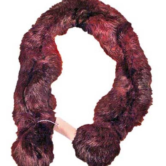 SCARF, RABBIT FUR POM-POMS, TAGS ON, BURGUNDY, 29 X 4 INCHES, BOTH SIDES ARE FUR - Picture 1 of 4